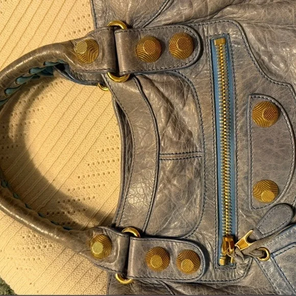 Balenciaga GGH Brief Bag Light Blue Handbag with Gold Accents - Picture 7 of 15